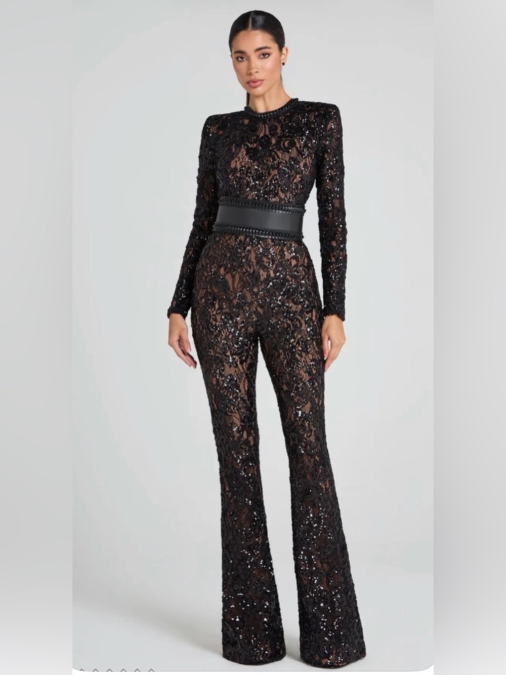 NADINE MERABI Black Sequin Lace Flared Jumpsuit - Picture 2 of 7